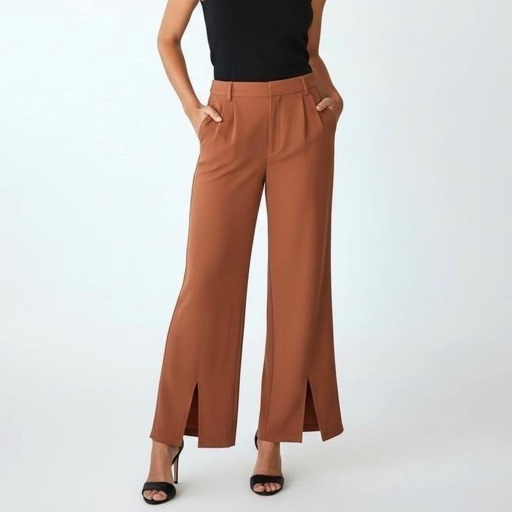 Happily Grey Rust Brown Wide Leg Pleated Front Slit Trousers Pants Size 9 NWT